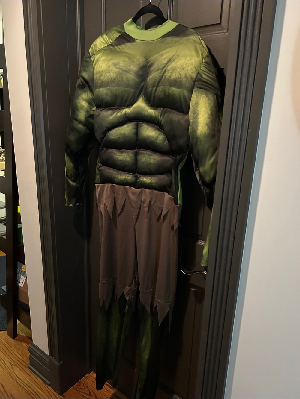 Marvel Green Padded Muscle Hulk Adult Costume with Brown Tattered shorts, mask.